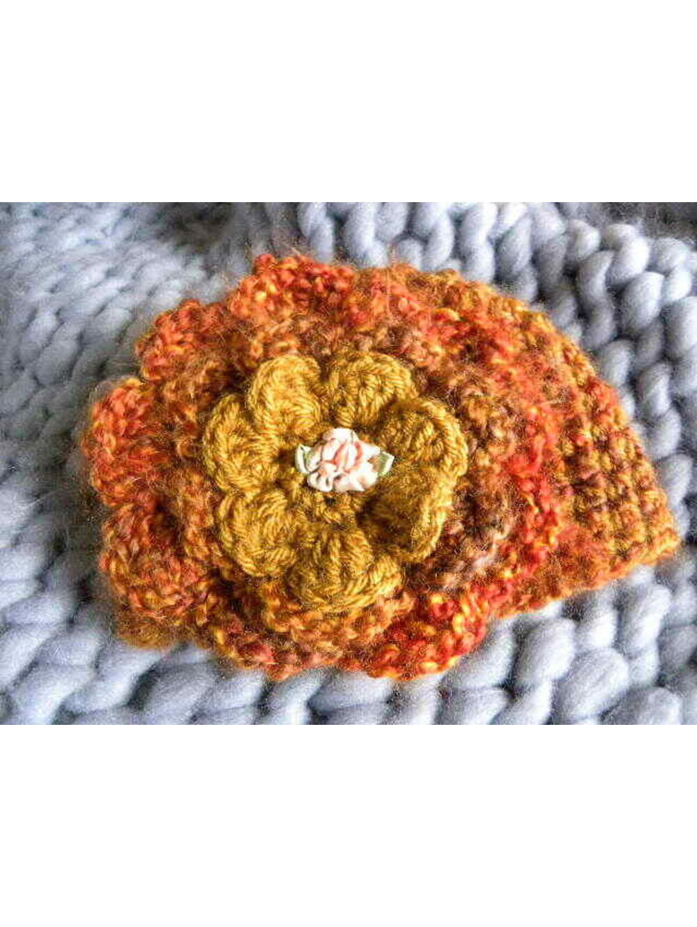 Handmade Crochet Beanie Hat Girls Infant Toddler Size Rust Gold
